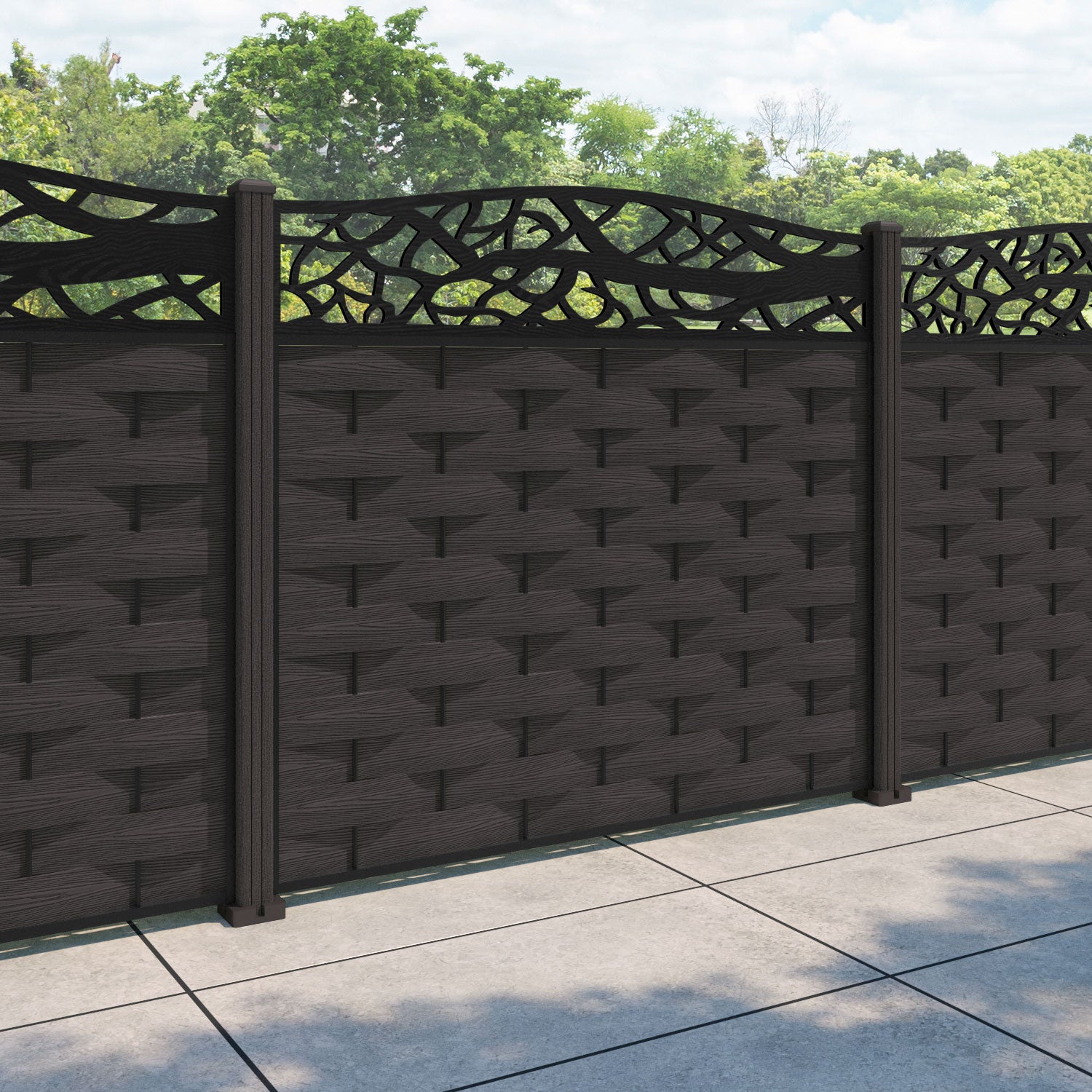 Ripple Twilight Curved Top Fence Panel - Dark Oak - with our composite posts