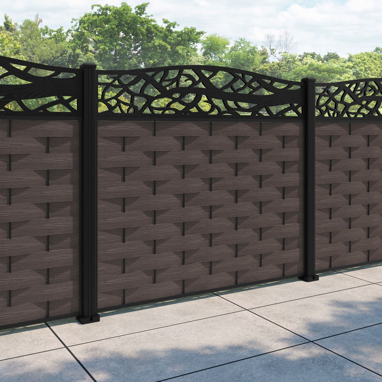 Ripple Twilight Curved Top Fence Panel - Mid Brown - with our aluminium posts