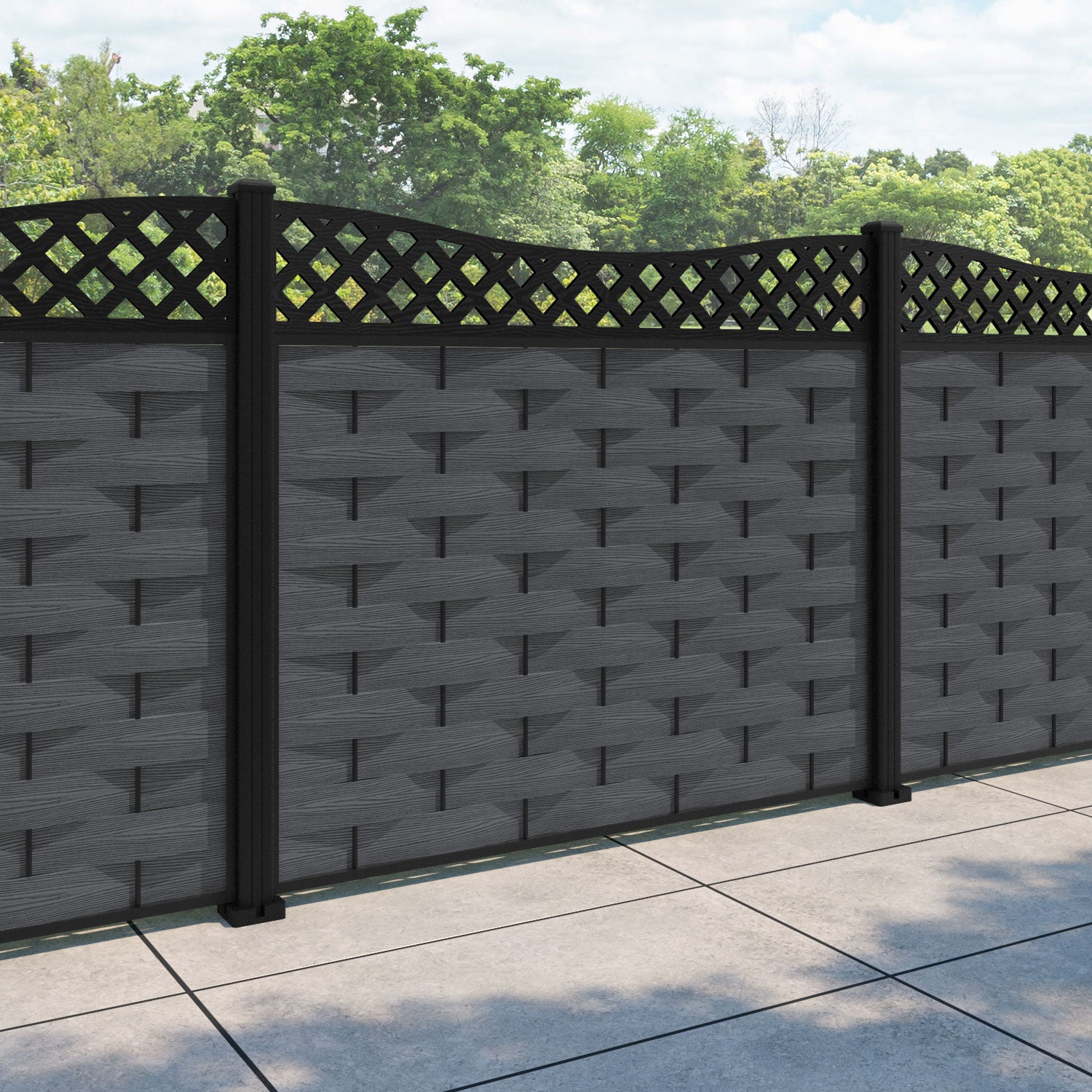 Ripple Low Wave Fence Panel - Dark Grey - with our aluminium posts