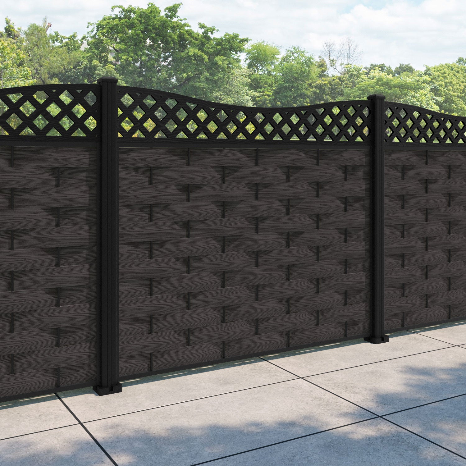 Ripple Low Wave Fence Panel - Dark Oak - with our aluminium posts