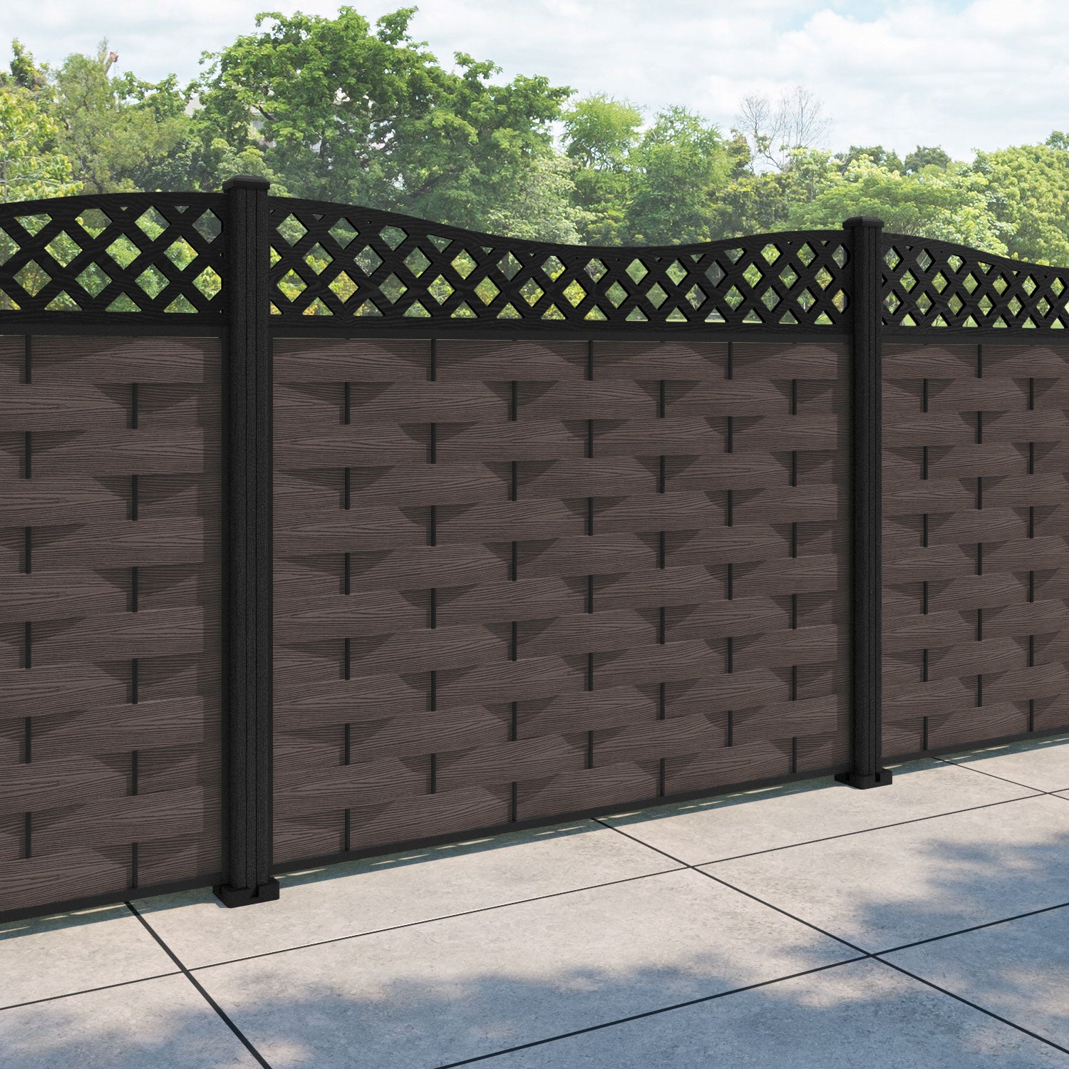 Ripple Low Wave Fence Panel - Mid Brown - with our composite posts