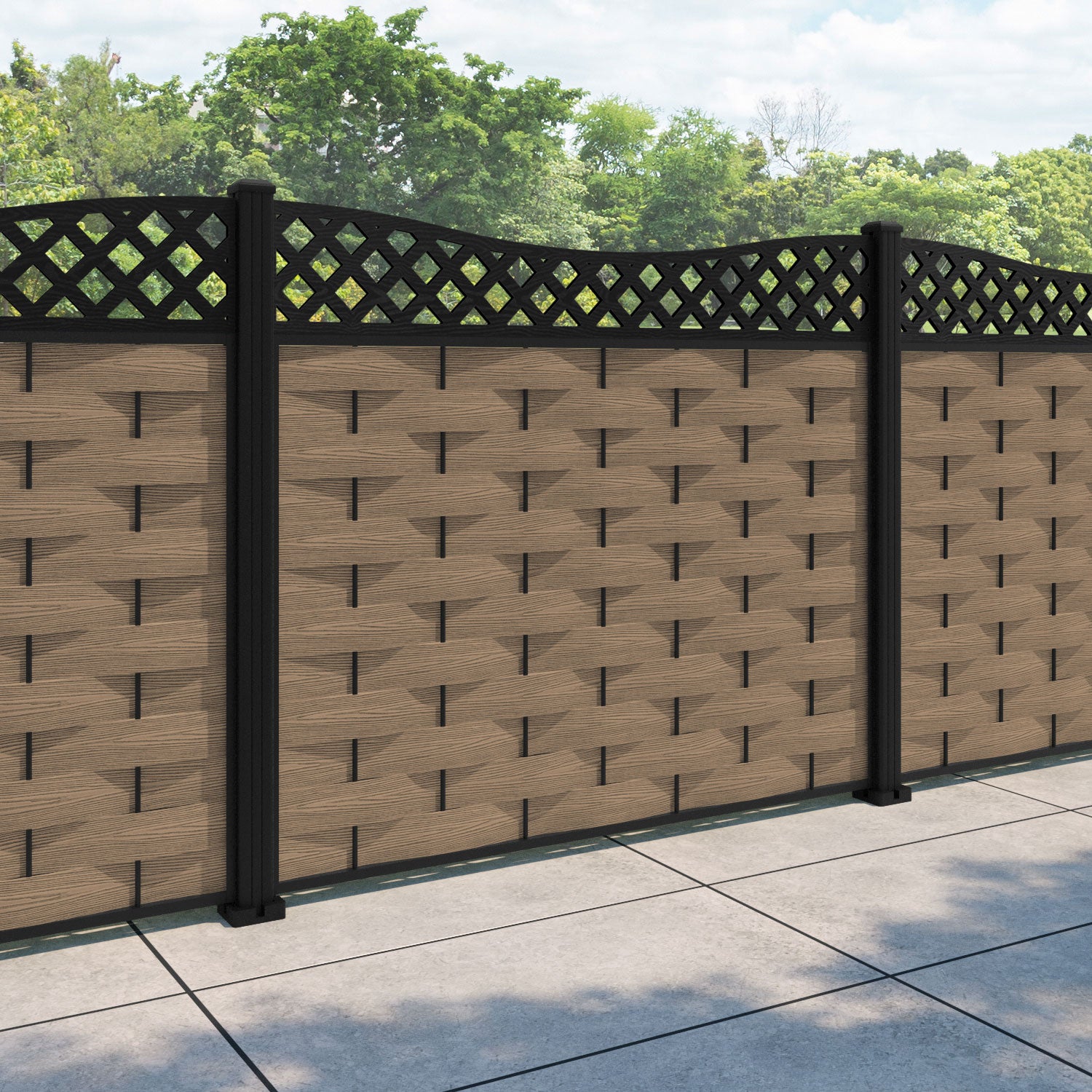 Ripple Low Wave Fence Panel - Teak - with our aluminium posts