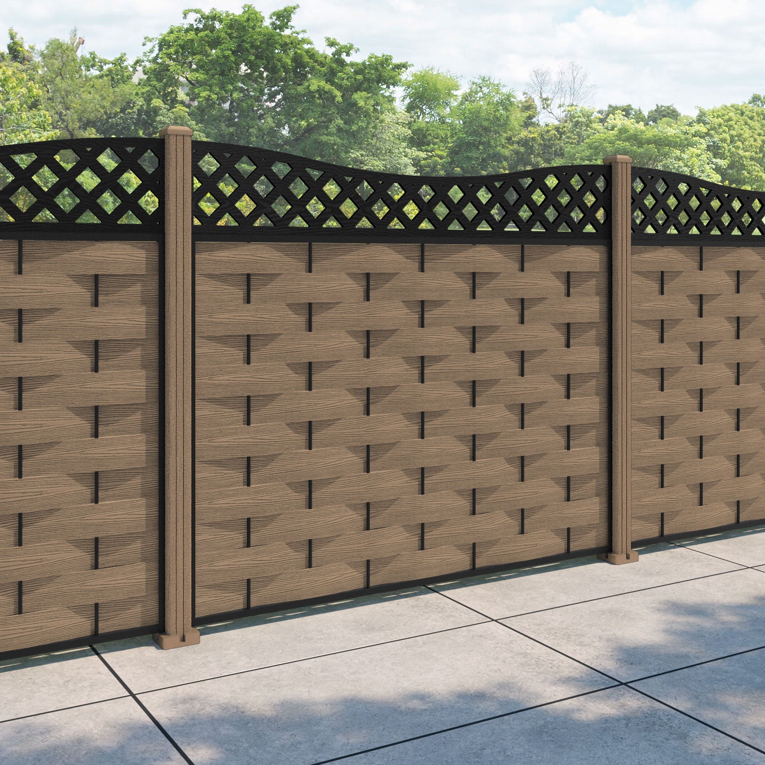 Ripple Low Wave Fence Panel - Teak - with our composite posts