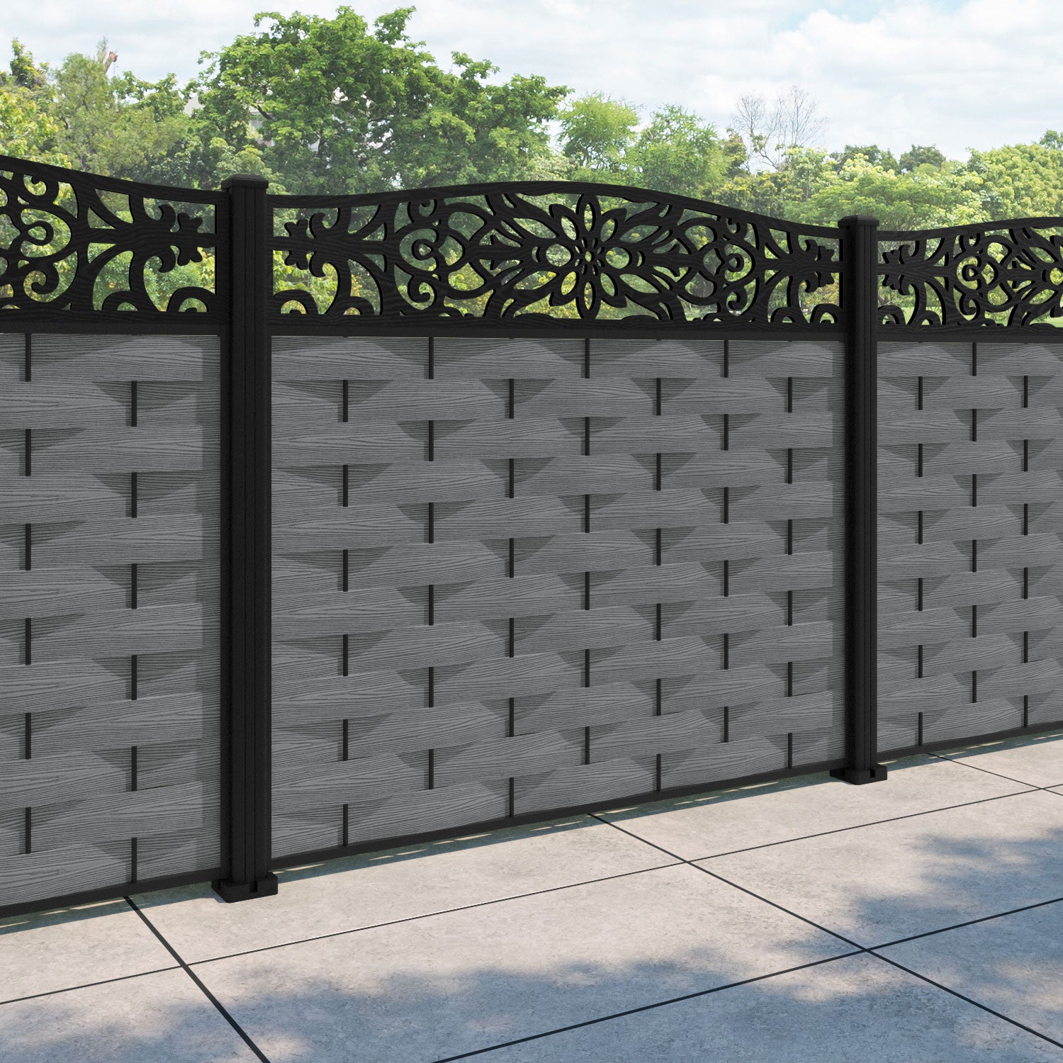Ripple Windsor Curved Top Fence Panel - Mid Grey - with our aluminium posts