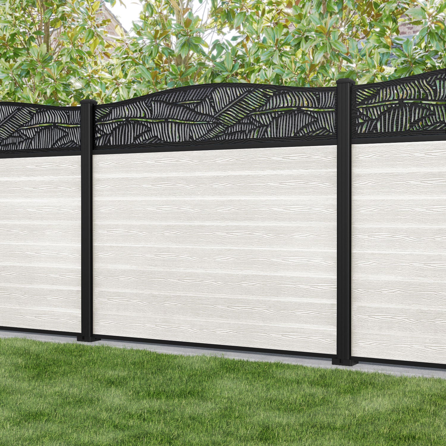Classic Feather Curved Top Fence Panel - Light Stone - with our aluminium posts