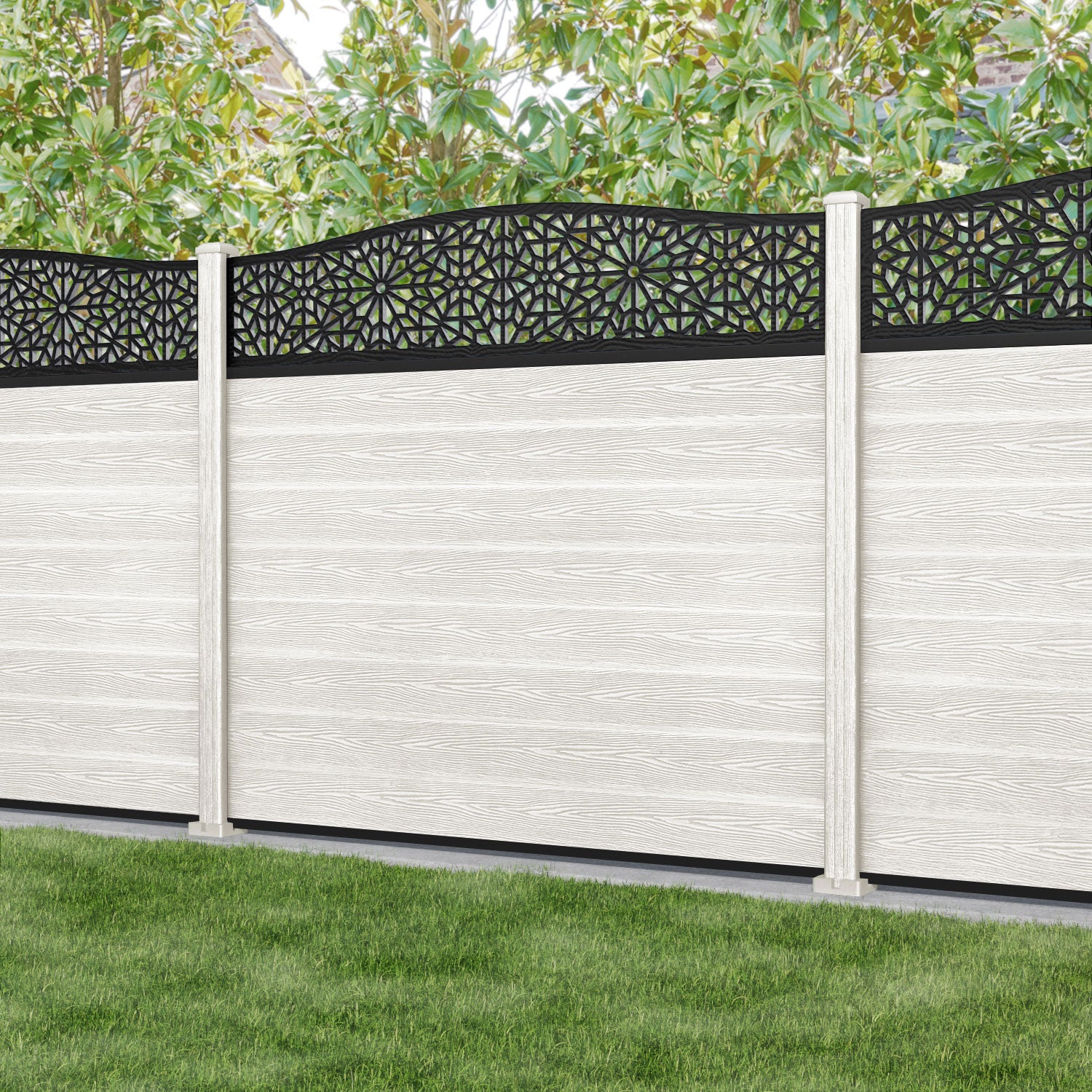 Classic Alnara Curved Top Fence Panel - Light Stone - with our composite posts