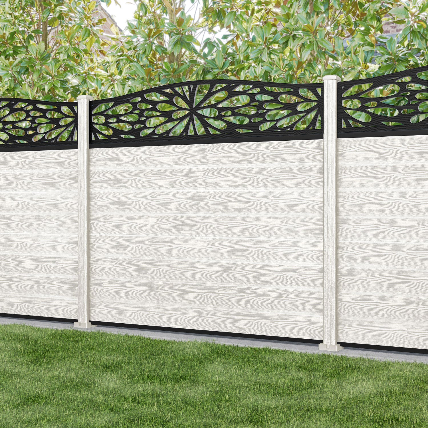 Classic Blossom Curved Top Fence Panel - Light Stone - with our composite posts