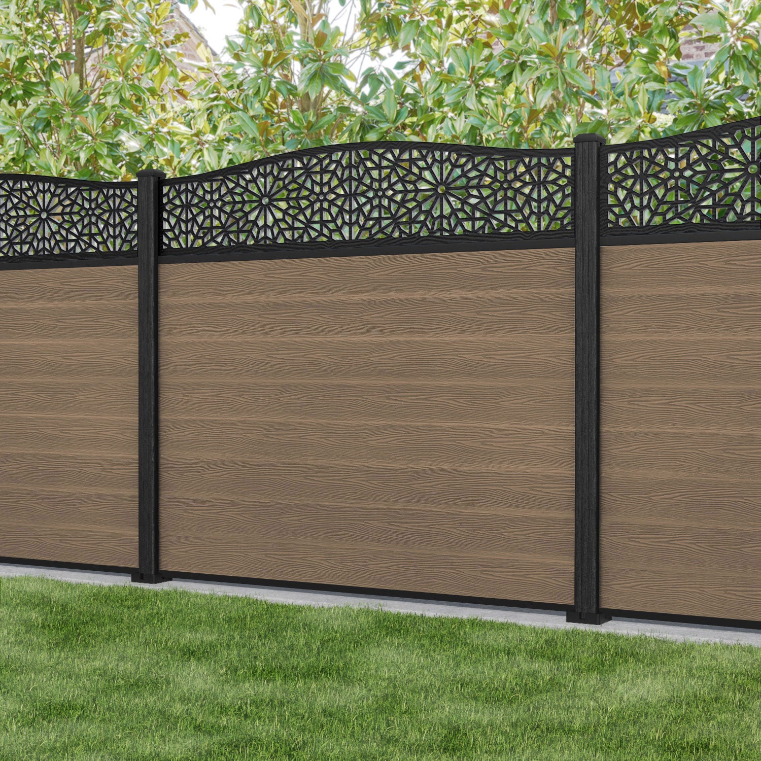 Classic Alnara Curved Top Fence Panel - Teak - with our composite posts