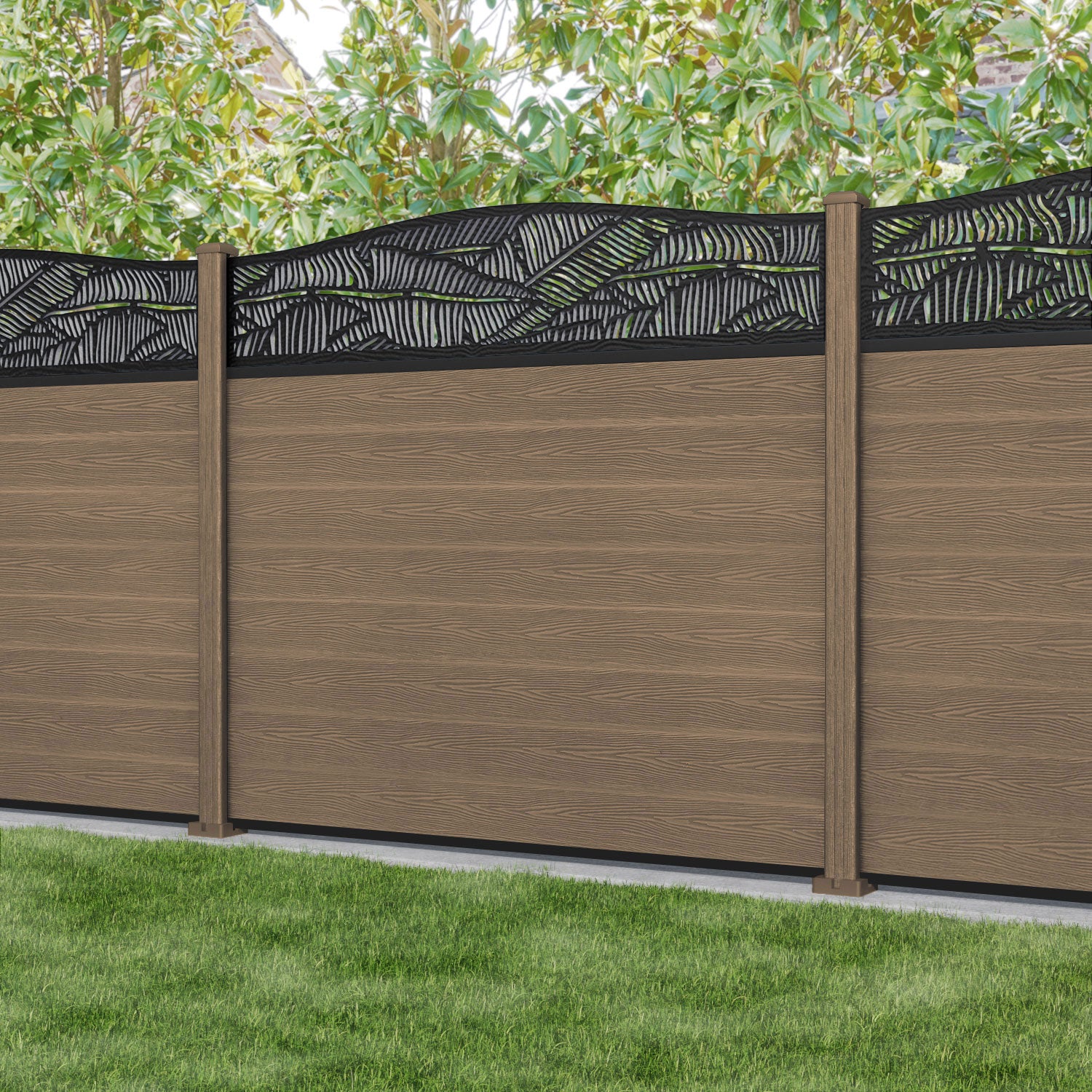 Classic Feather Curved Top Fence Panel - Teak - with our composite posts