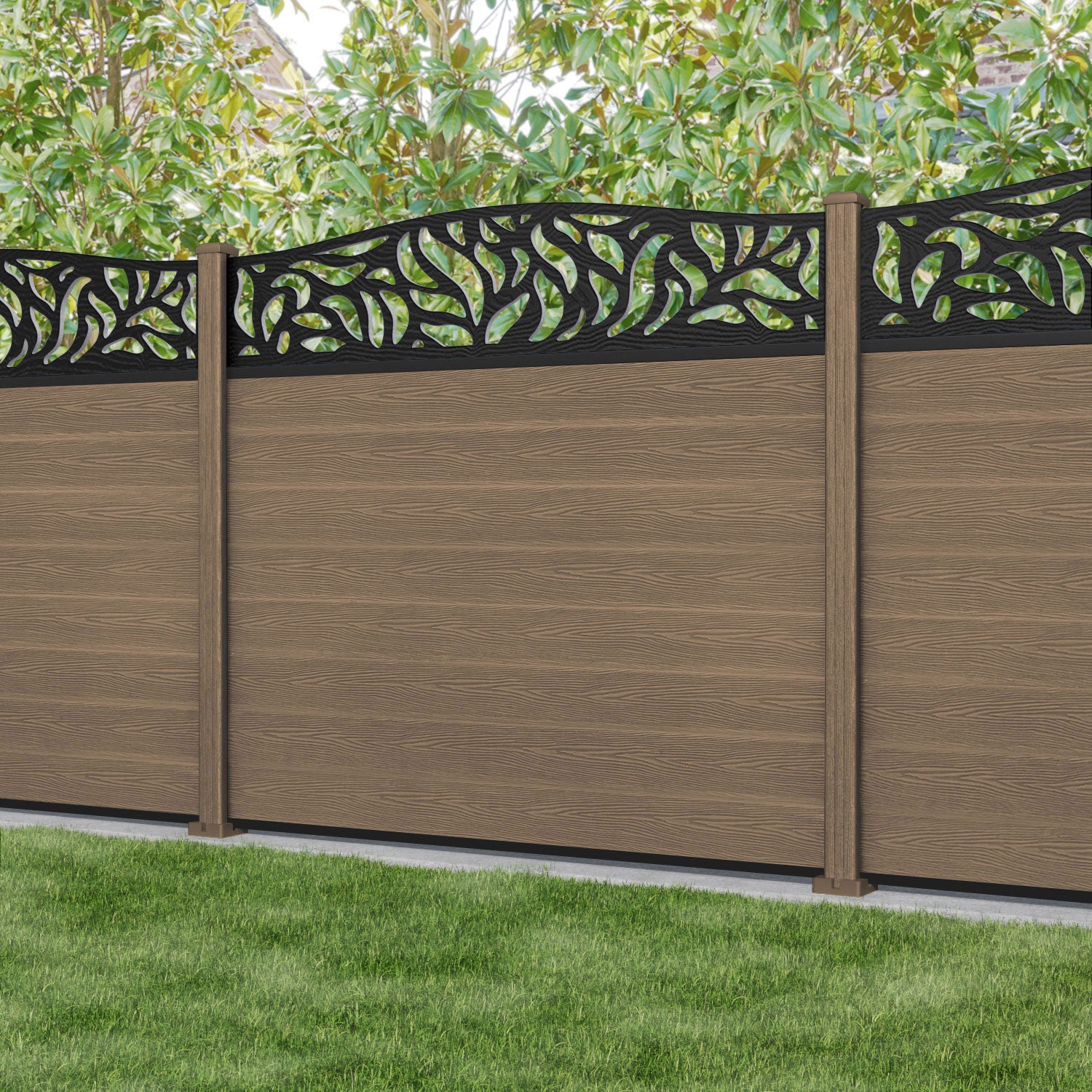 Classic Plume Curved Top Fence Panel - Teak - with our composite posts