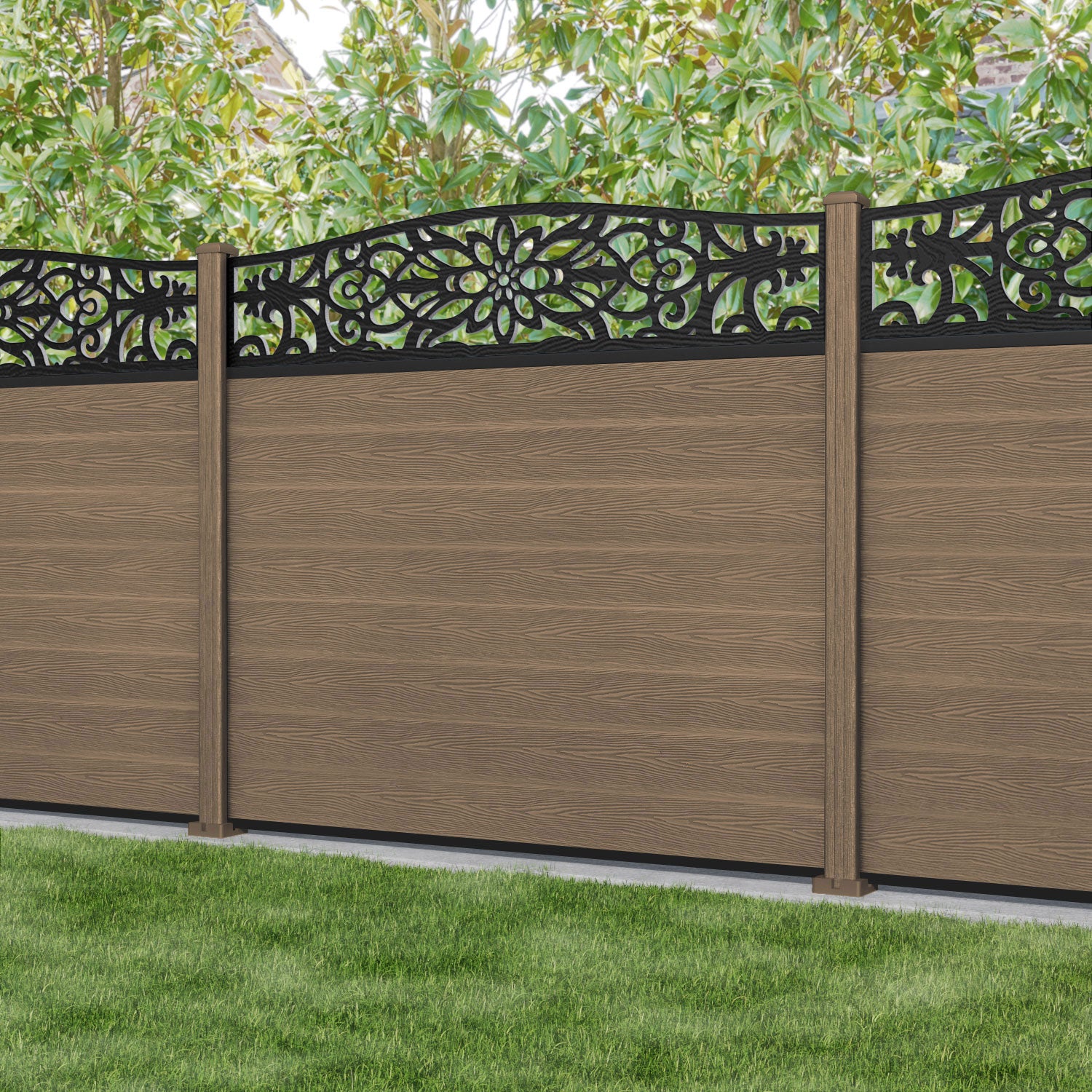 Classic Windsor Curved Top Fence Panel - Teak - with our composite posts