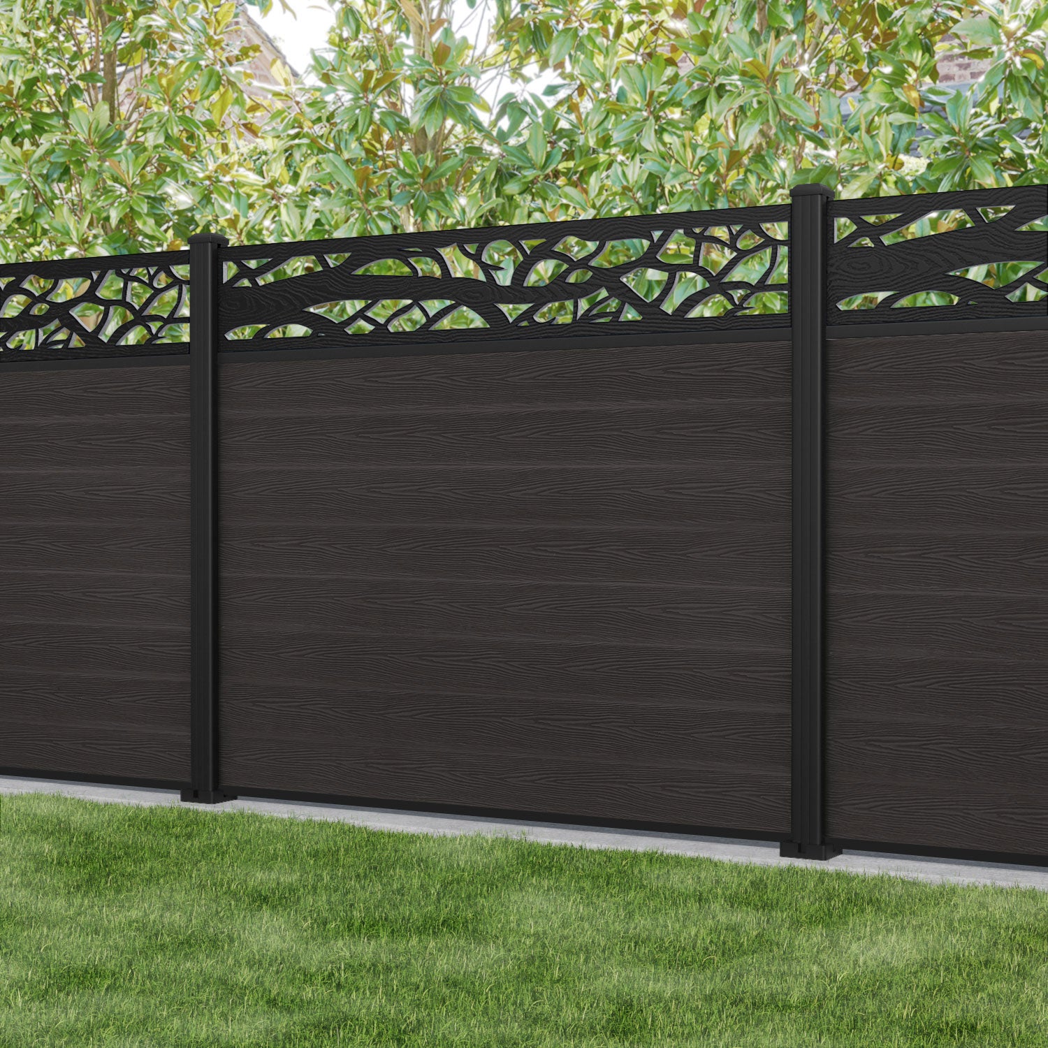 Classic Twilight Fence Panel - Dark Oak - with our aluminium posts