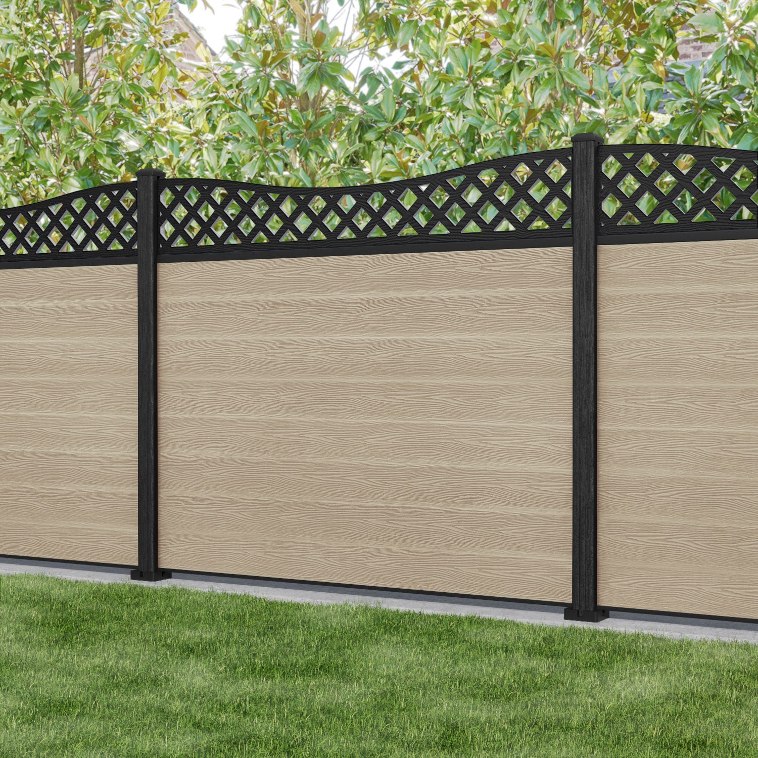 Classic Low Wave Fence Panel - Light Oak - with our composite posts