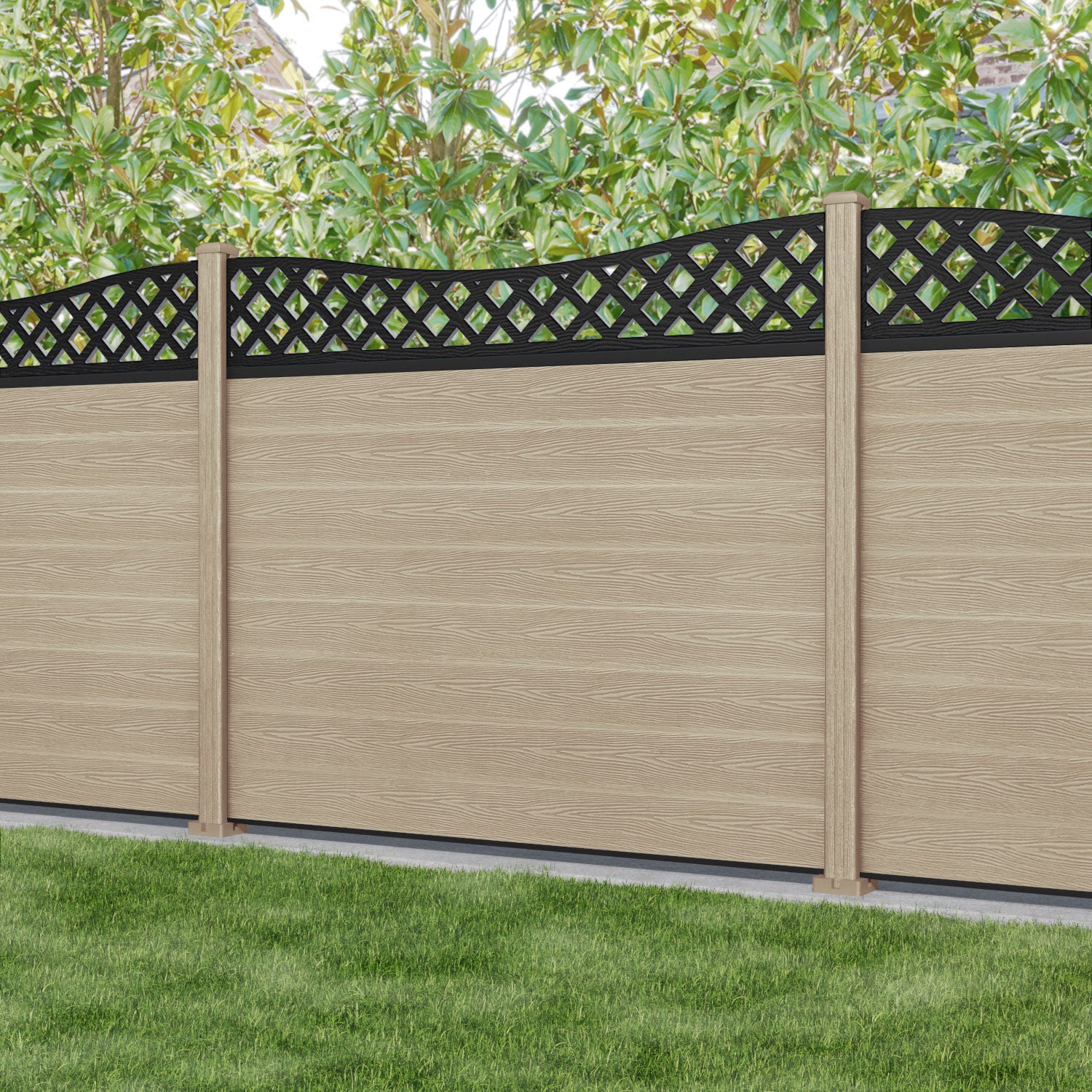 Classic Low Wave Fence Panel - Light Oak - with our composite posts