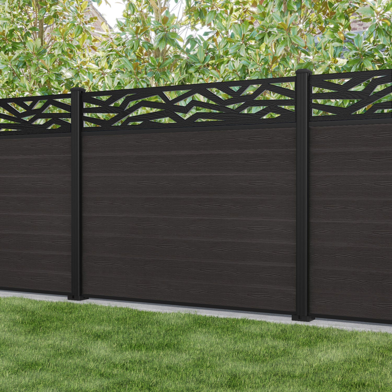 Classic Zenith Fence Panel - Dark Oak - with our aluminium posts