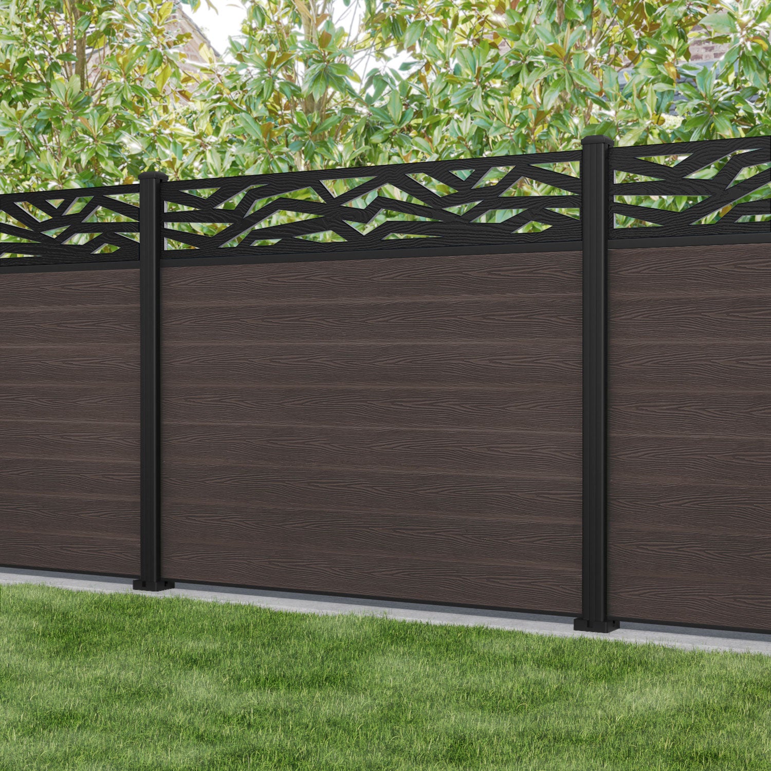 Classic Zenith Fence Panel - Mid Brown - with our aluminium posts
