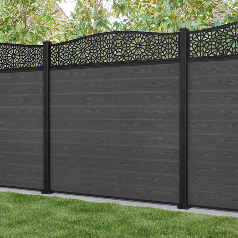 Classic Alnara Curved Top Fence Panel - Dark Grey - with our aluminium posts