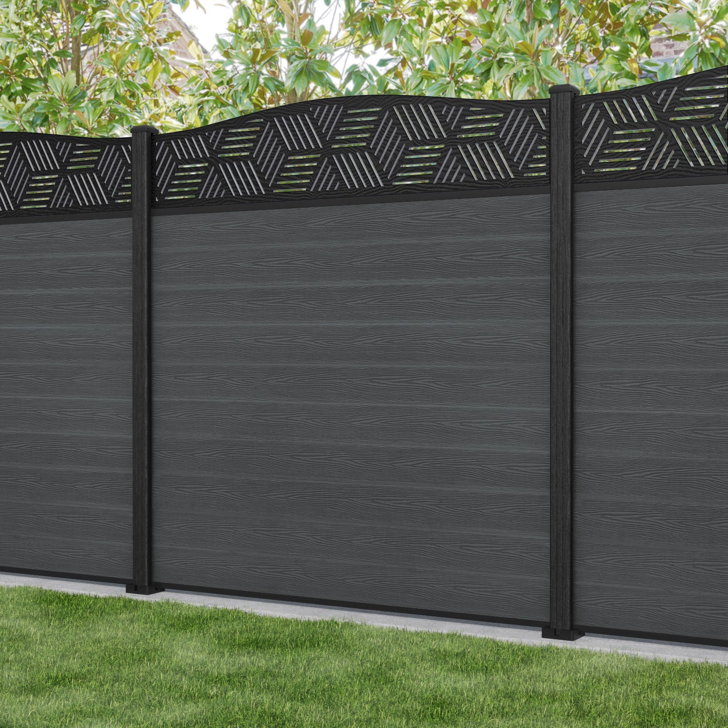 Classic Cubed Curved Top Fence Panel - Dark Grey - with our composite posts