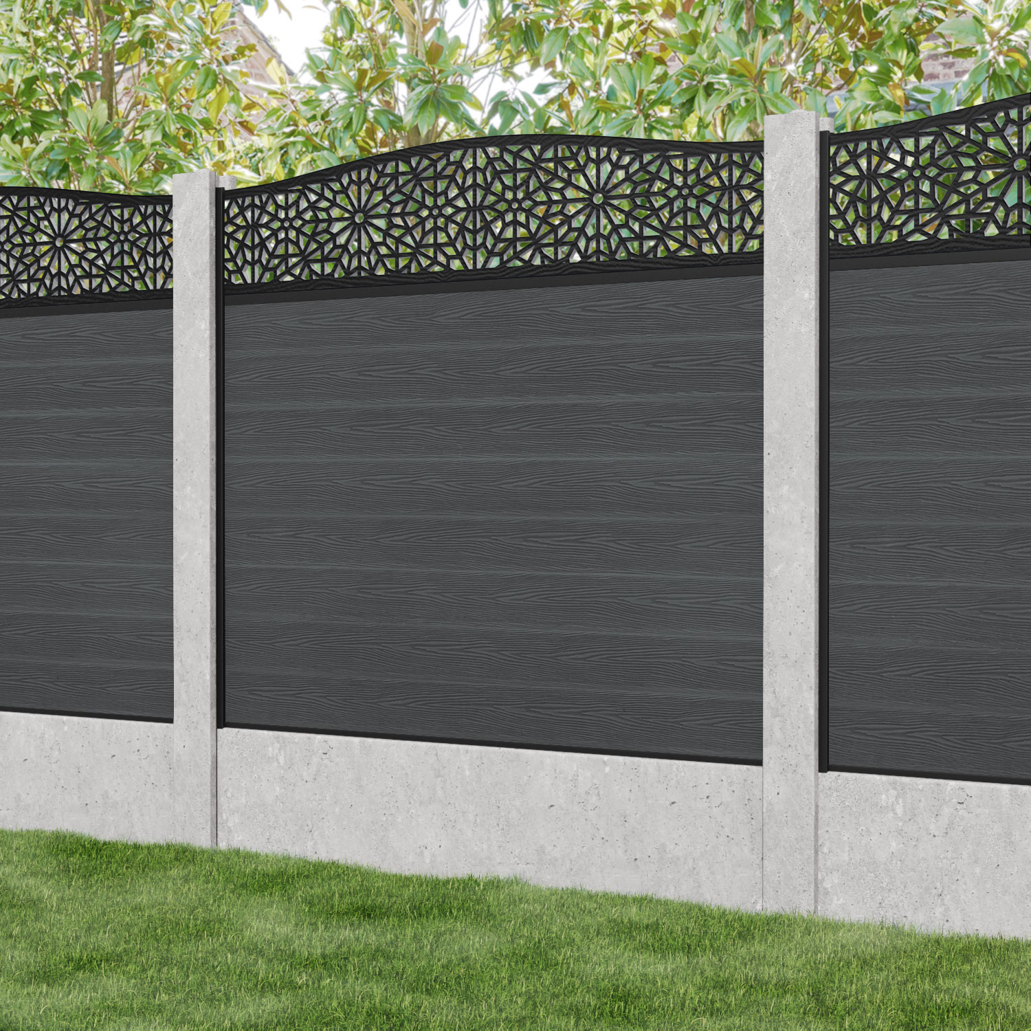 Classic Alnara Curved Top Fence Panel - Dark Grey - for existing concrete posts