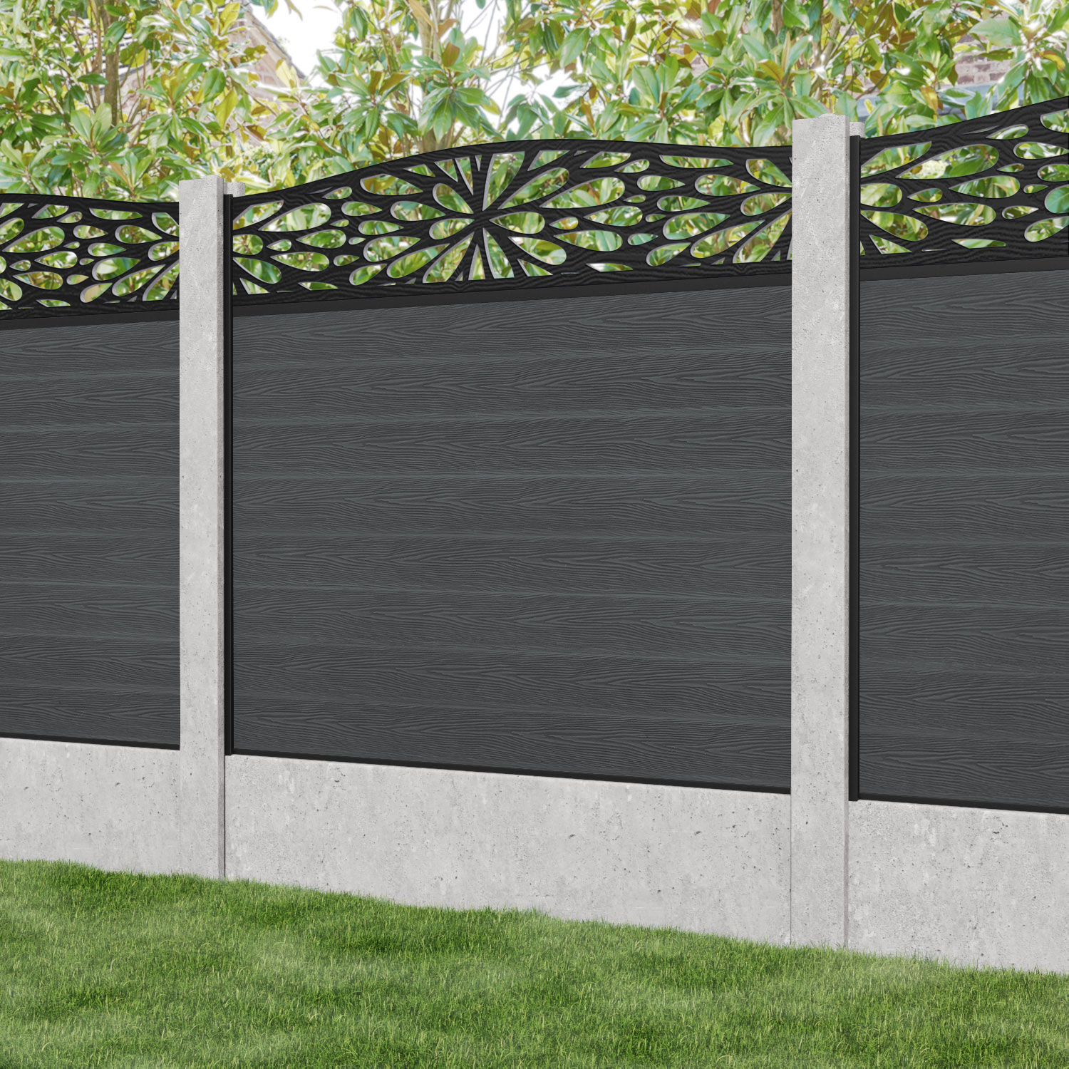 Classic Blossom Curved Top Fence Panel - Dark Grey - for existing concrete posts