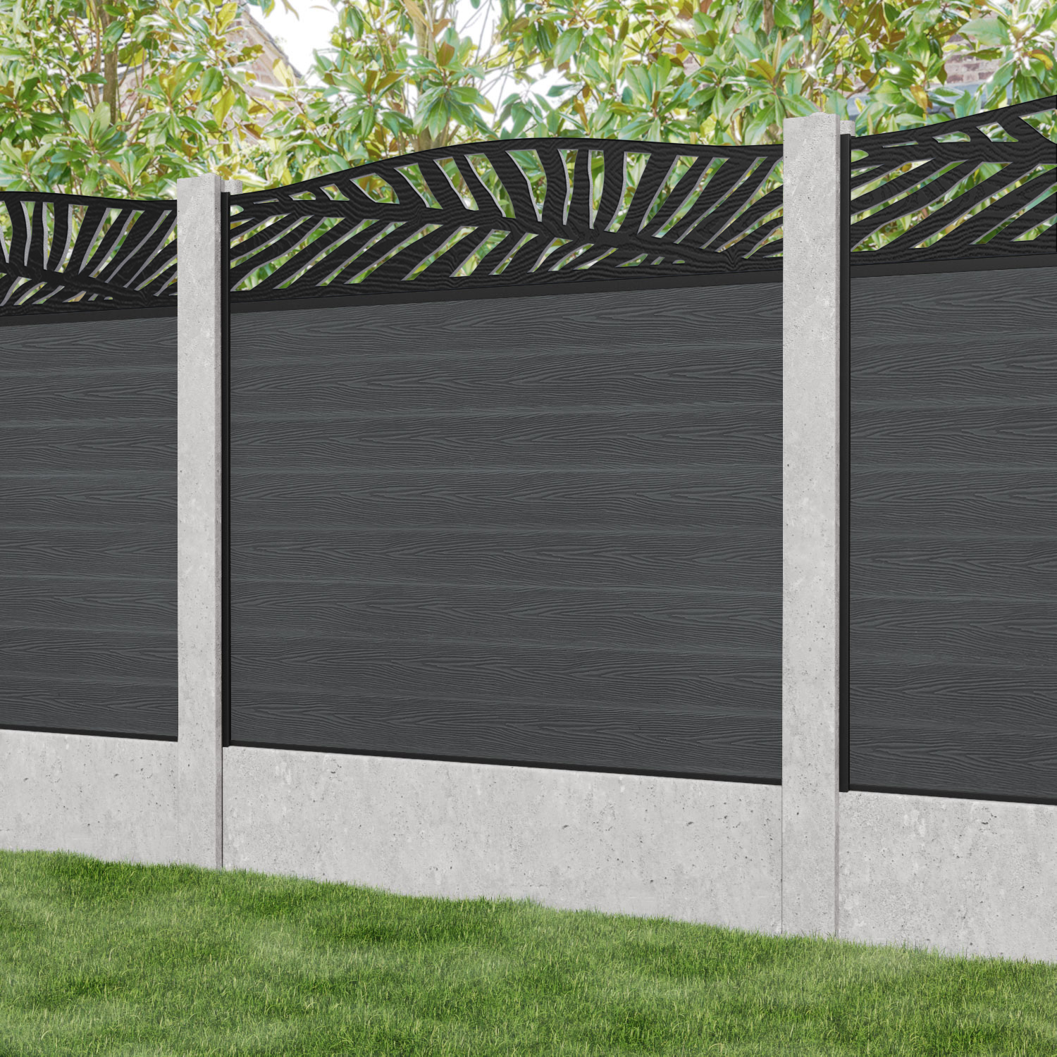 Classic Palm Curved Top Fence Panel - Dark Grey - for existing concrete posts