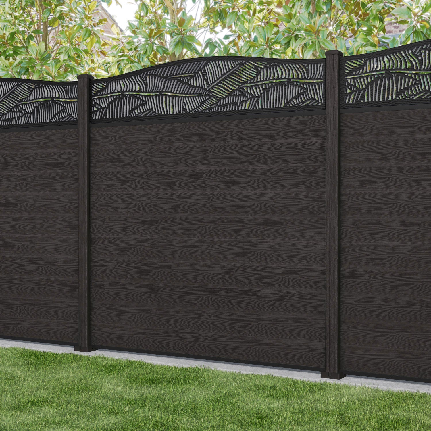 Classic Feather Curved Top Fence Panel - Dark Oak - with our composite posts