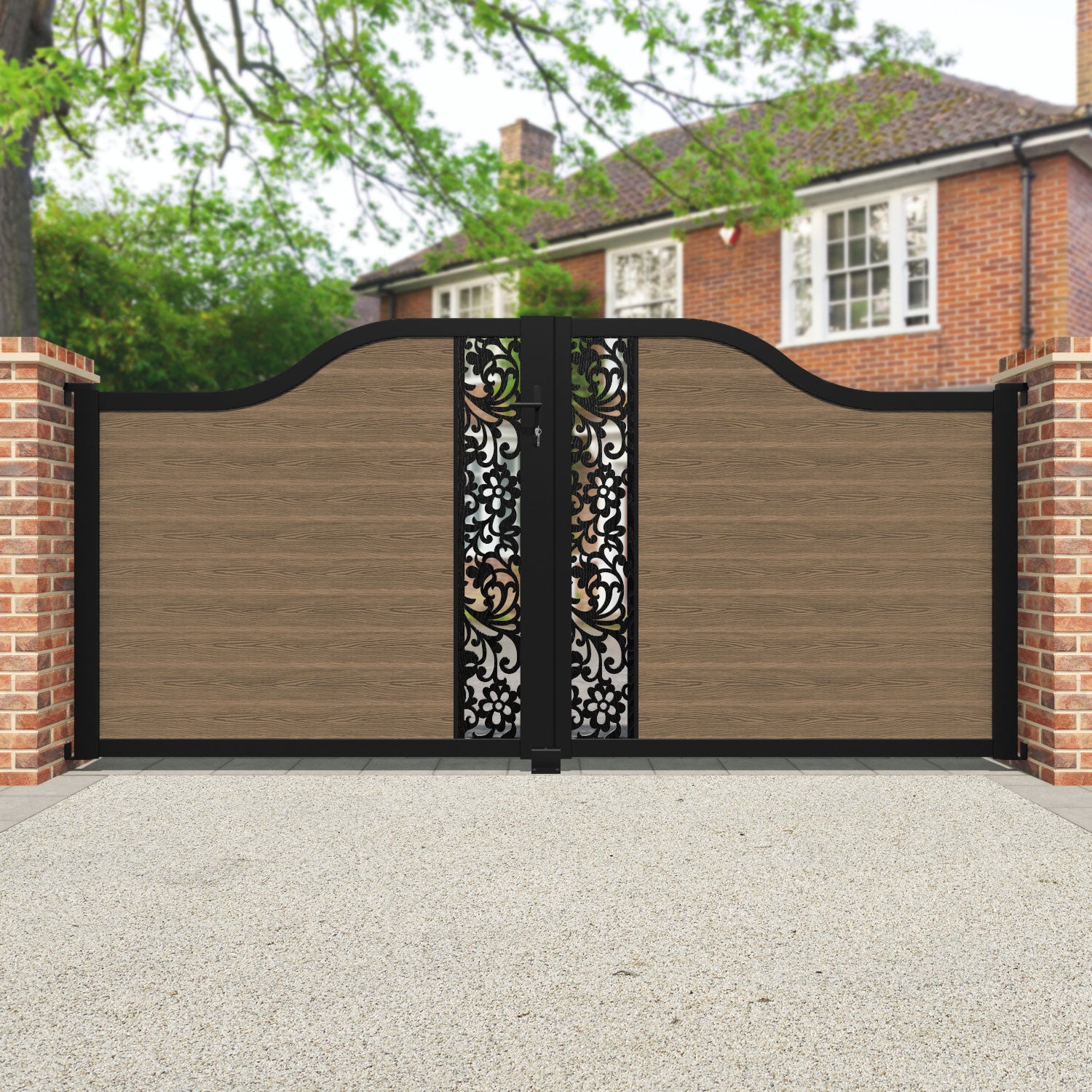 Classic Eden Curved Top Driveway Gate - Teak - Middle Screen