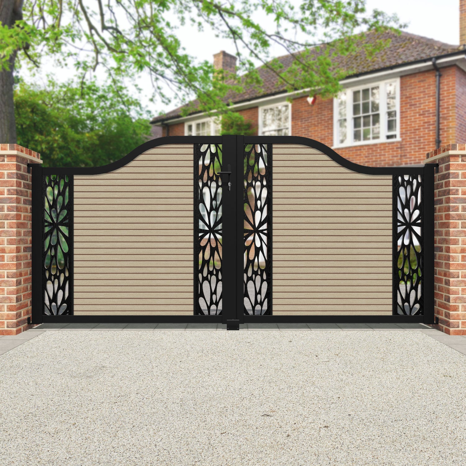 Hudson Blossom Curved Top Driveway Gate - Light Oak- Middle & End Screen