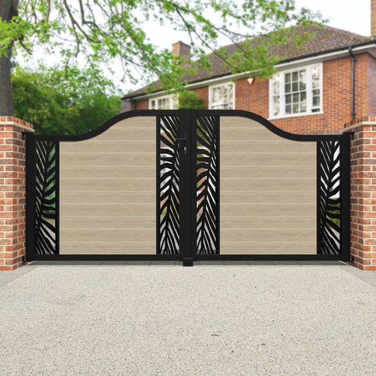 Classic Palm Curved Top Driveway Gate - Light Oak - Middle & End Screen