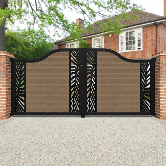 Classic Palm Curved Top Driveway Gate - Teak -  Middle & End Screen