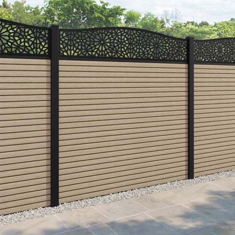 Hudson Alnara Curved Top Fence Panel - Light Oak - with our aluminium posts