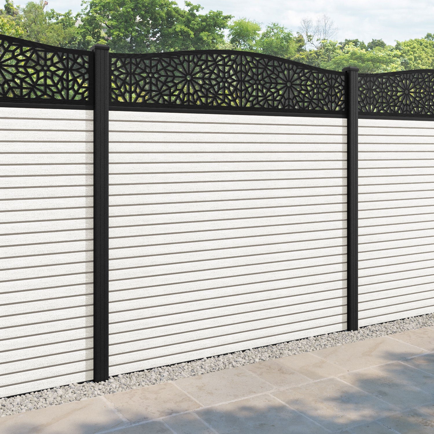 Hudson Alnara Curved Top Fence Panel - Light Stone - with our composite posts
