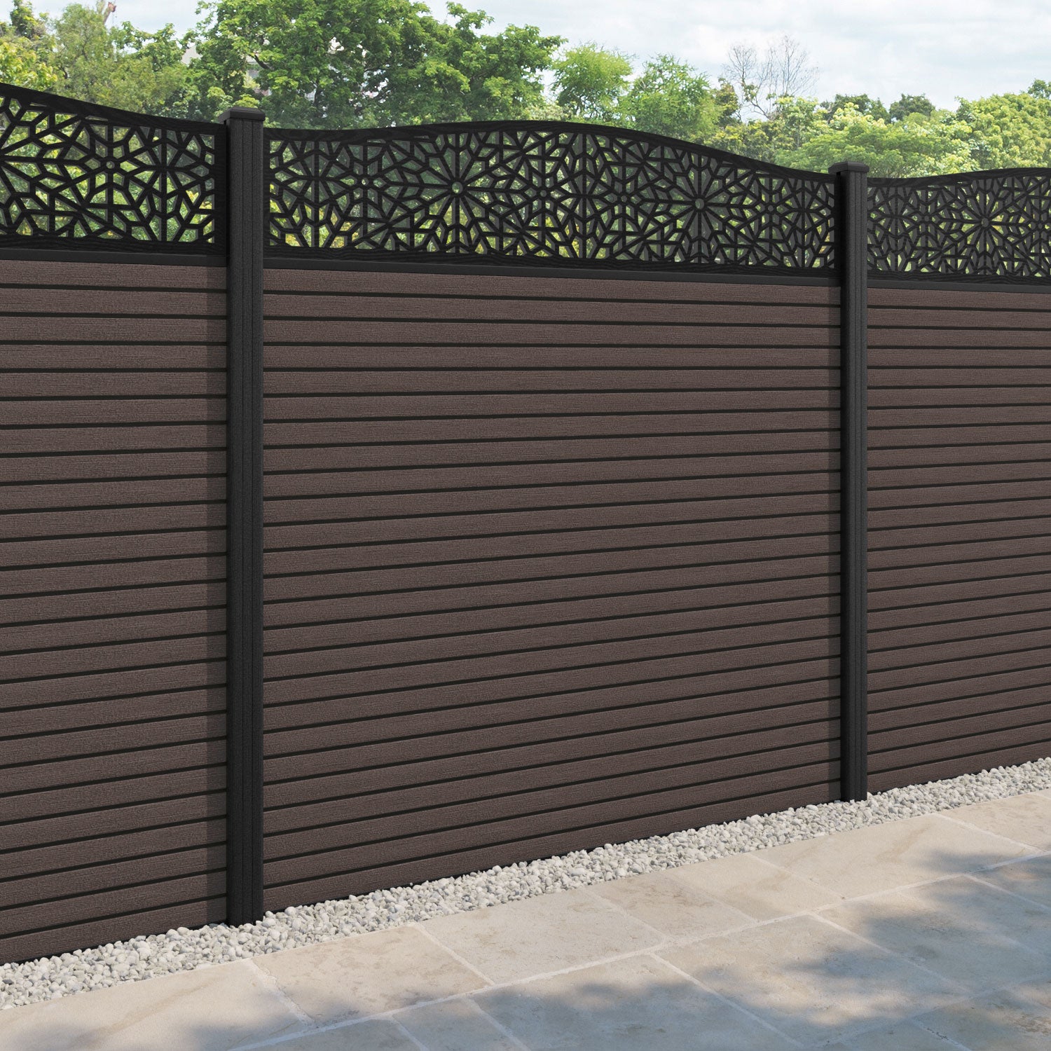 Hudson Alnara Curved Top Fence Panel - Mid Brown - with our composite posts