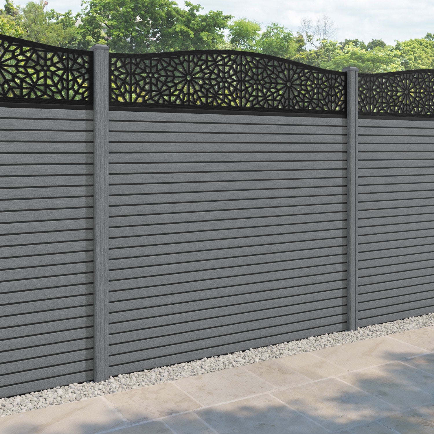 Hudson Alnara Curved Top Fence Panel - Mid Grey - with our composite posts