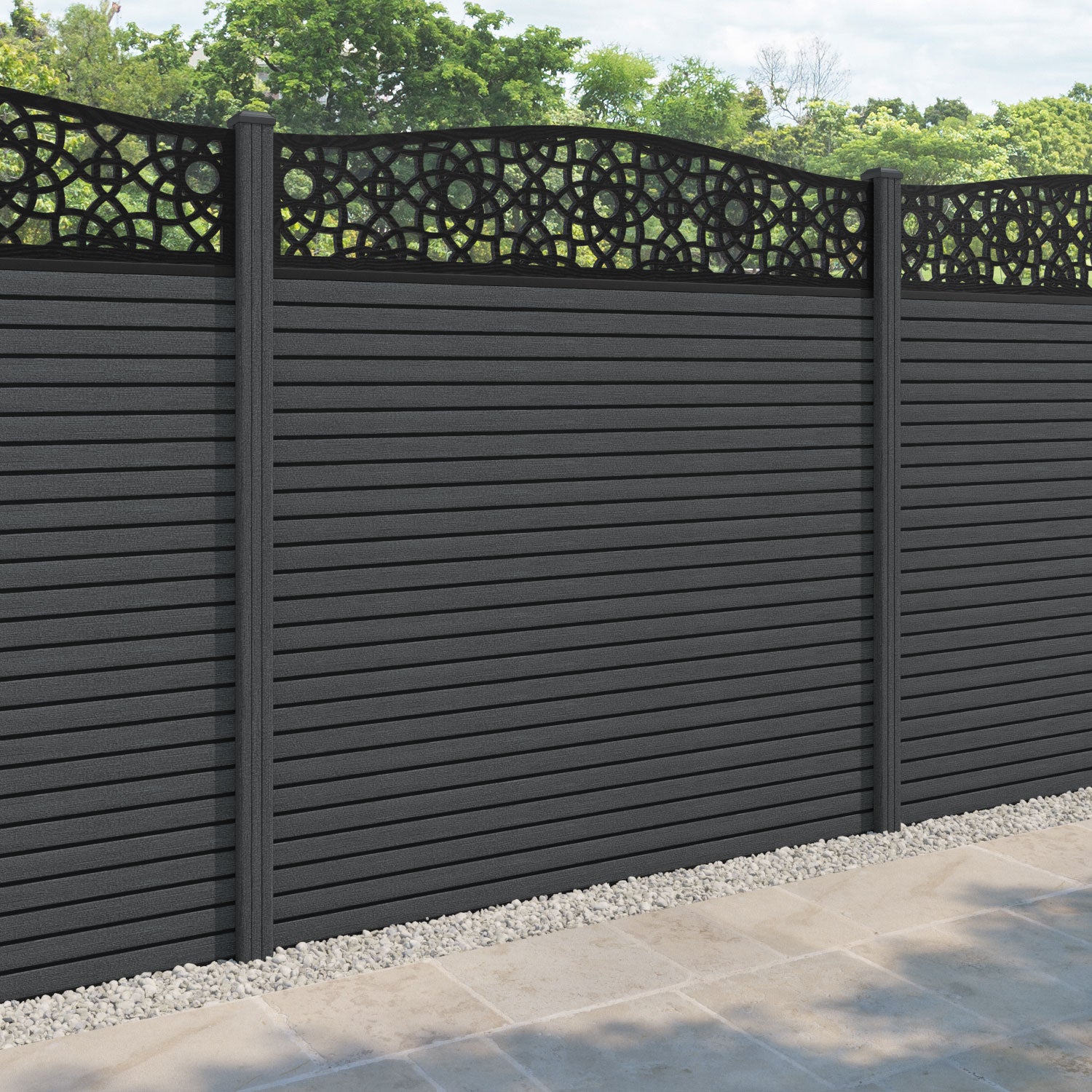 Hudson Ambar Curved Top Fence Panel - Dark Grey - with our composite posts