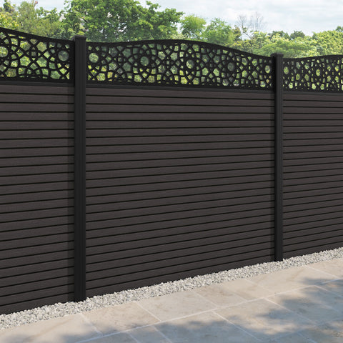 Hudson Ambar Curved Top Fence Panel - Dark Oak - with our aluminium posts