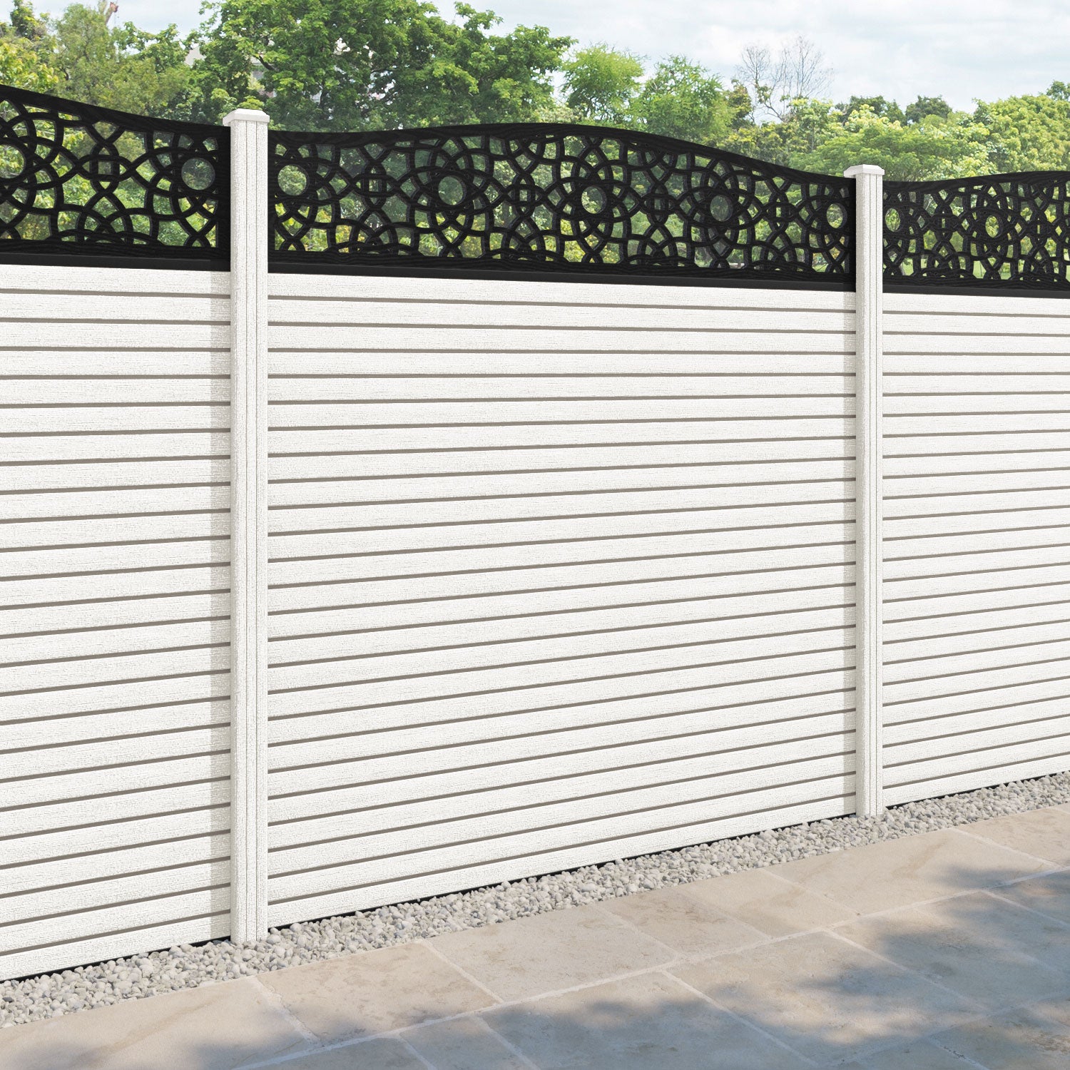 Hudson Ambar Curved Top Fence Panel - Light Stone - with our composite posts
