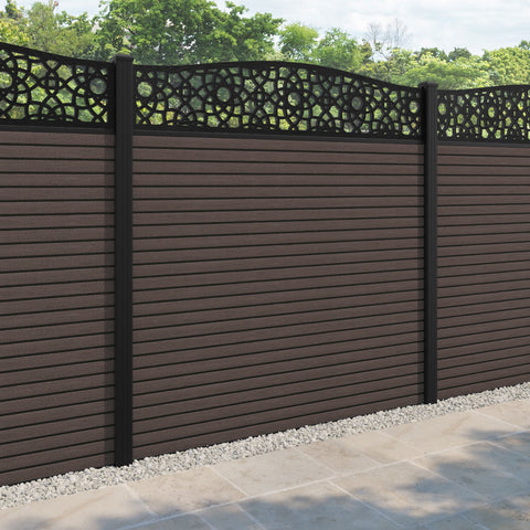 Hudson Ambar Curved Top Fence Panel - Mid Brown - with our aluminium posts
