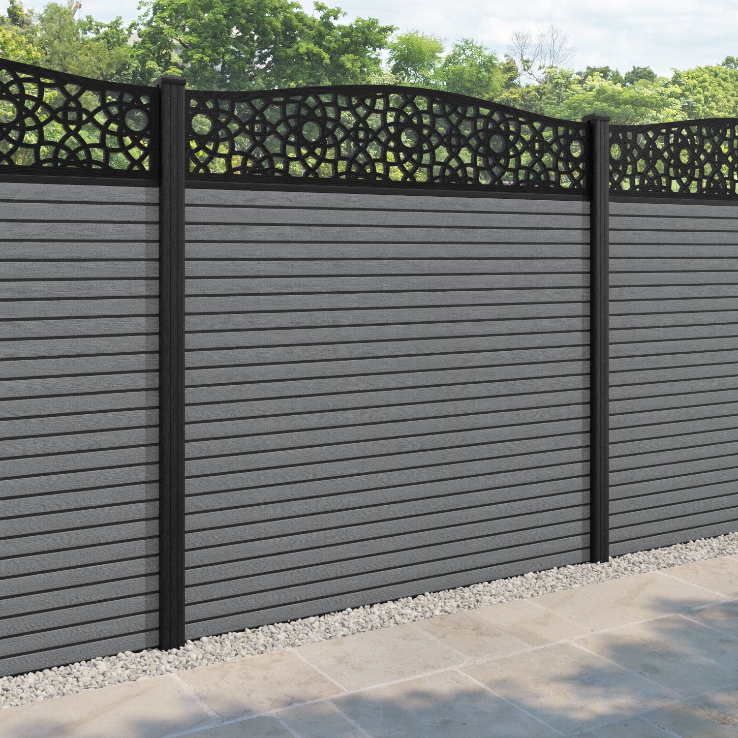 Hudson Ambar Curved Top Fence Panel - Mid Grey - with our composite posts