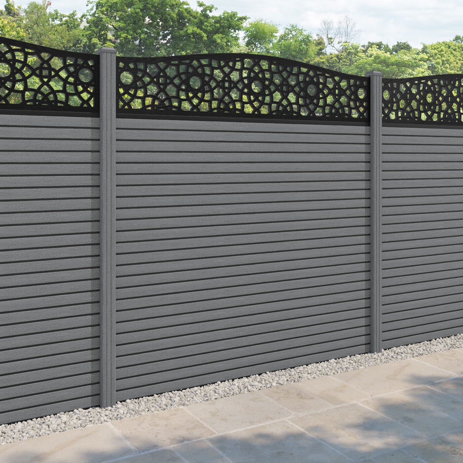 Hudson Ambar Curved Top Fence Panel - Mid Grey - with our composite posts