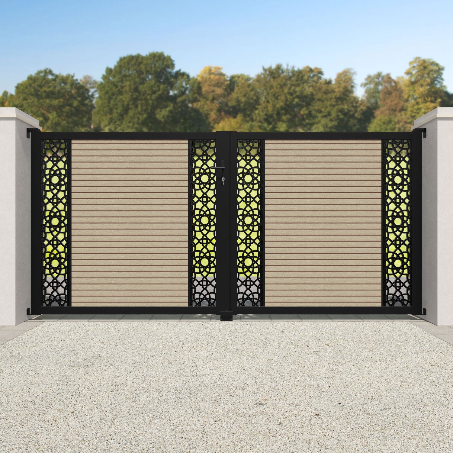 Hudson Ambar Straight Top Driveway Gate - Light Oak- Middle & End Screen