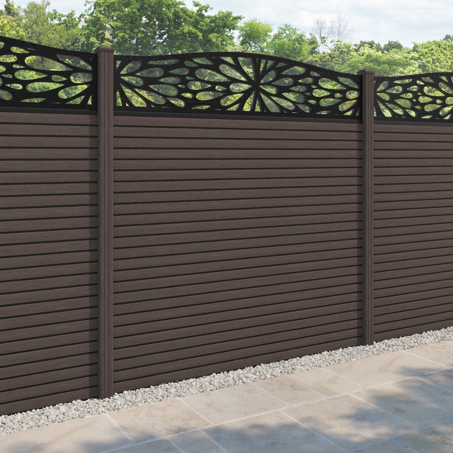 Hudson Blossom Curved Top Fence Panel - Mid Brown - with our composite posts