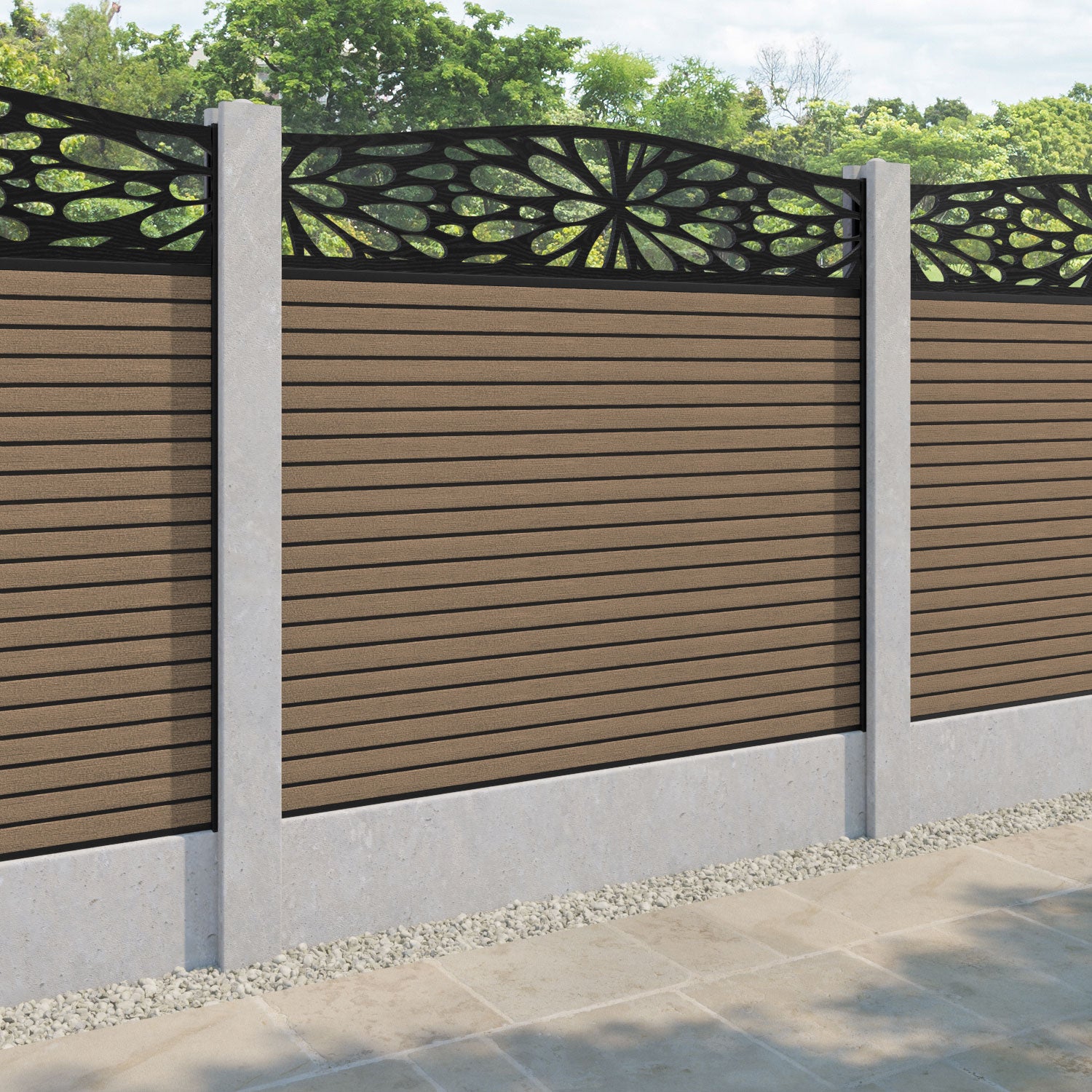 Hudson Blossom Curved Top Fence Panel - Teak - for existing concrete posts