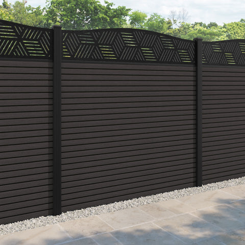 Hudson Cubed Curved Top Fence Panel - Dark Oak - with our aluminium posts