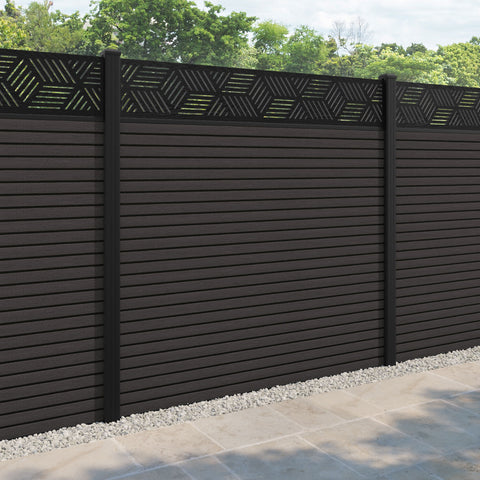 Hudson Cubed Fence Panel - Dark Oak - with our aluminium posts