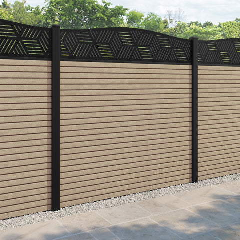 Hudson Cubed Curved Top Fence Panel - Light Oak - with our aluminium posts