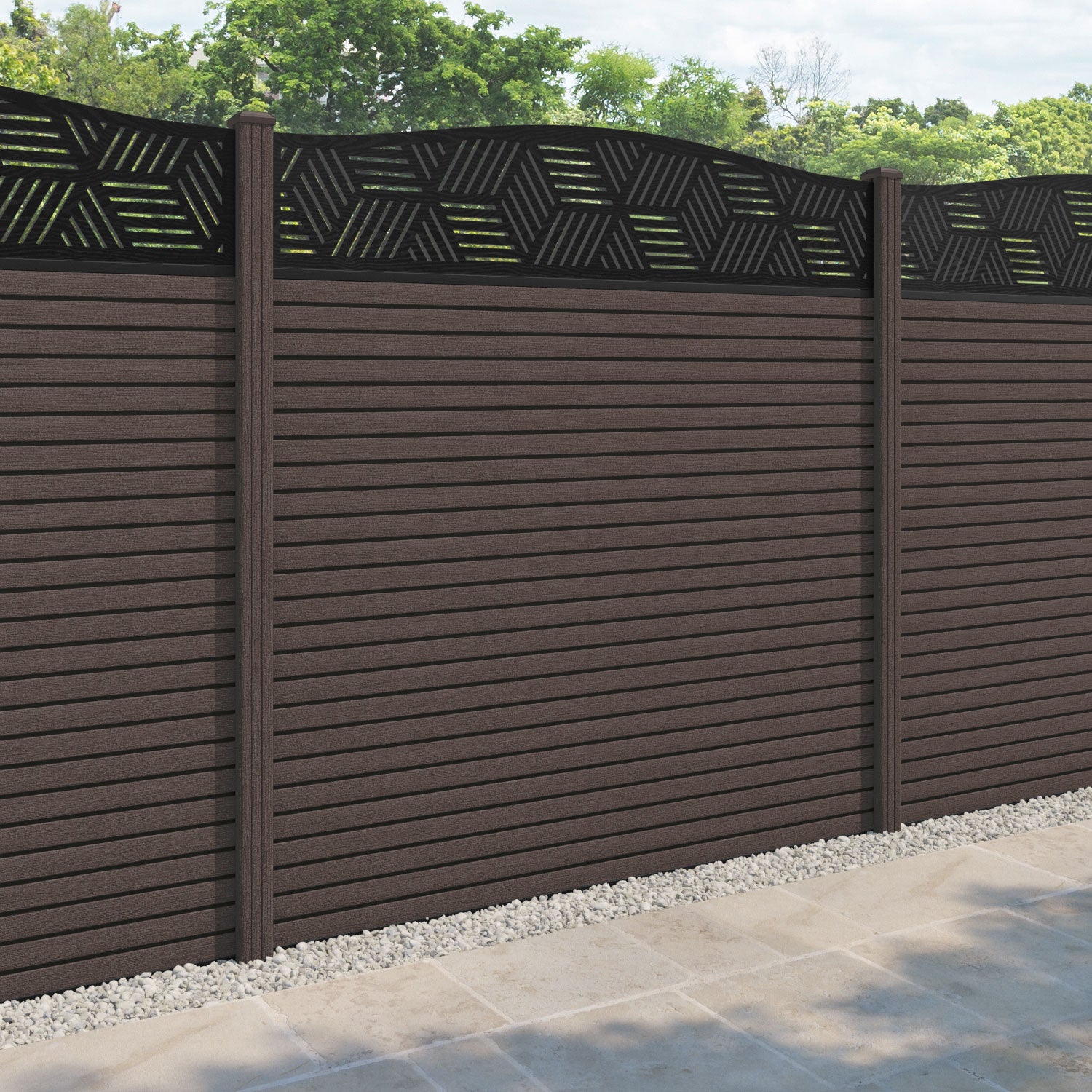 Hudson Cubed Curved Top Fence Panel - Mid Brown - with our composite posts
