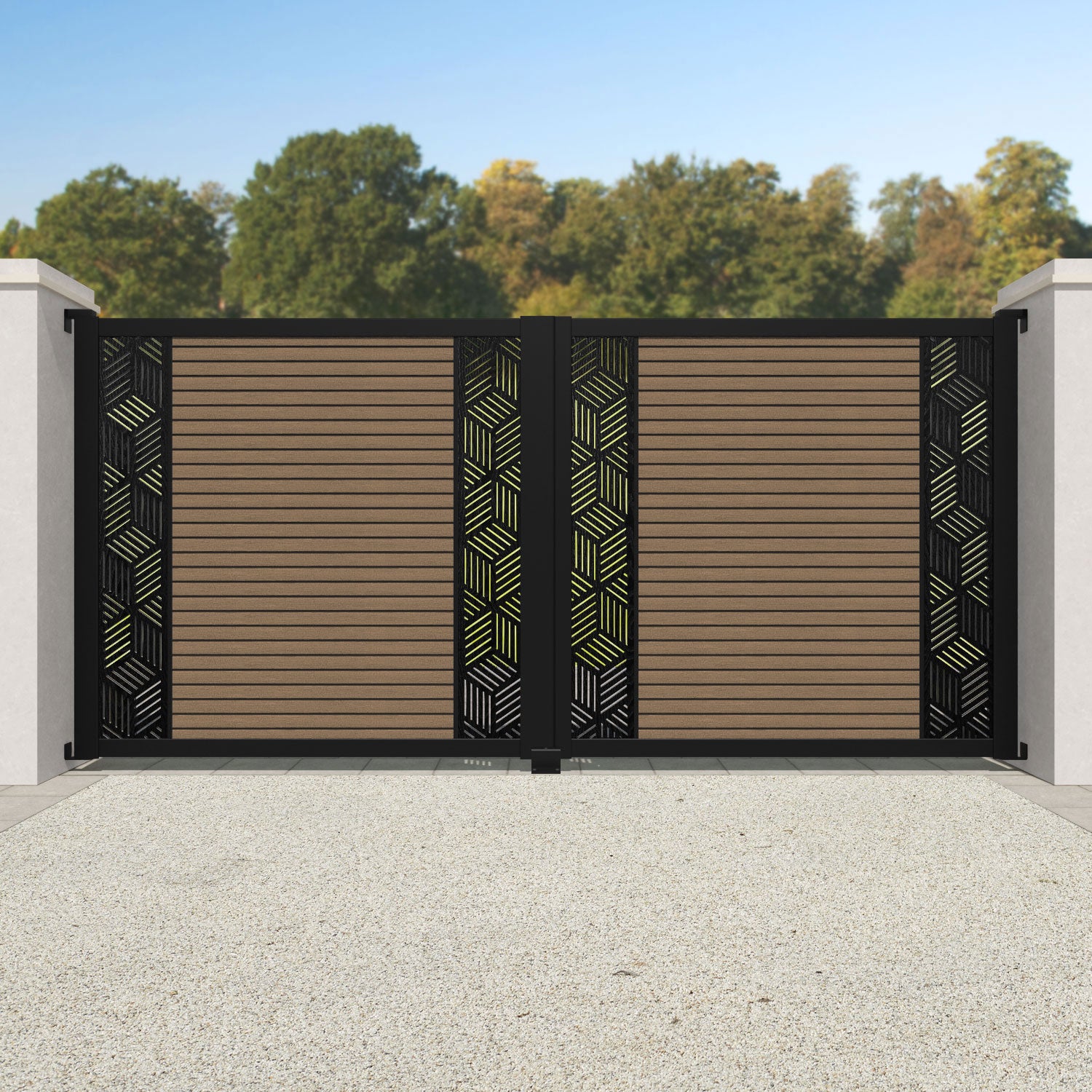 Hudson Cubed Straight Top Driveway Gate - Teak - Middle & End Screen