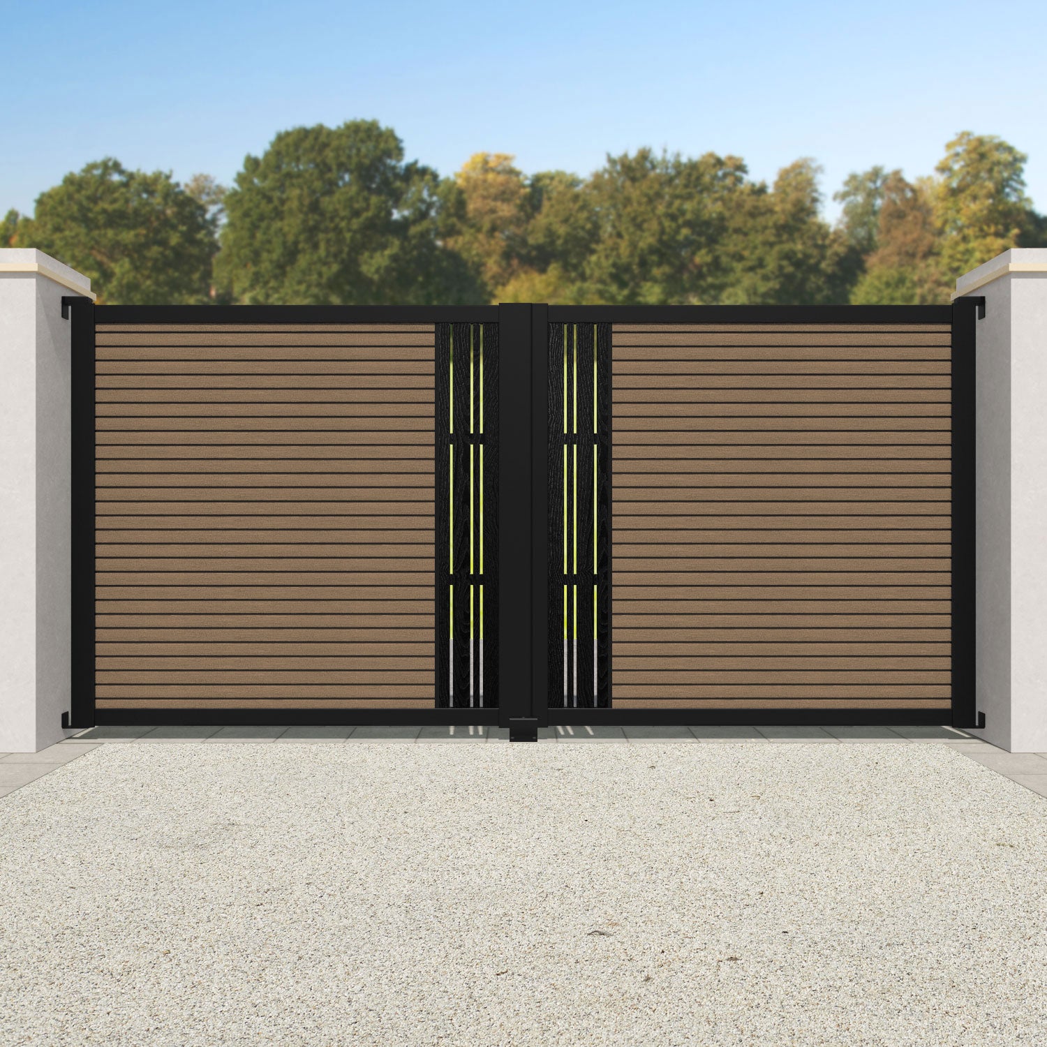 Hudson Linea Straight Top Driveway Gate - Teak - Middle Screen