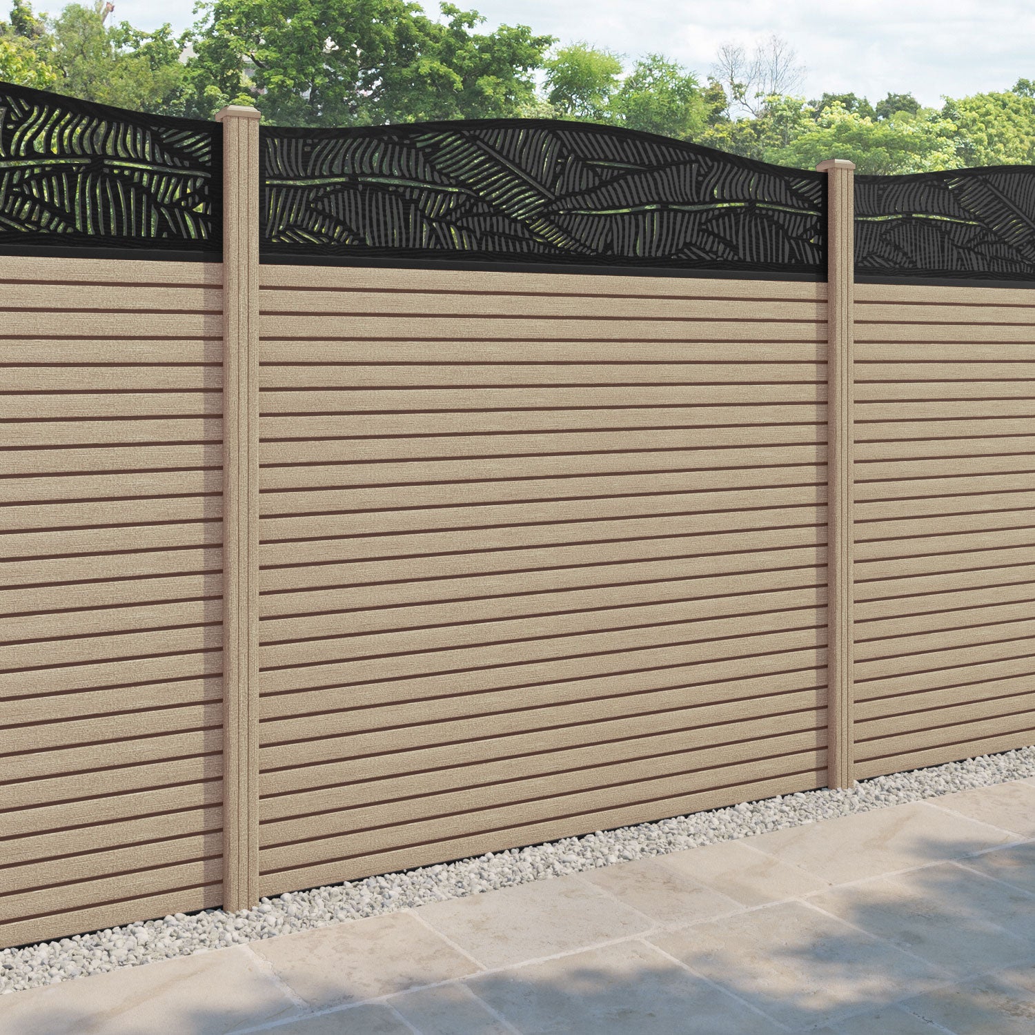 Hudson Feather Curved Top Fence Panel - Light Oak - with our composite posts